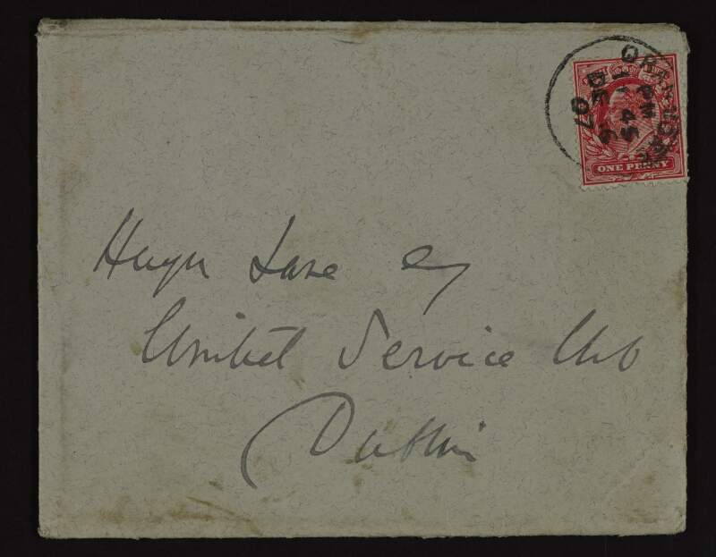 Letter from Lady Augusta Gregory to Hugh Lane regarding opposition to the proposed gallery of modern art in Dublin and regarding his health and happiness,