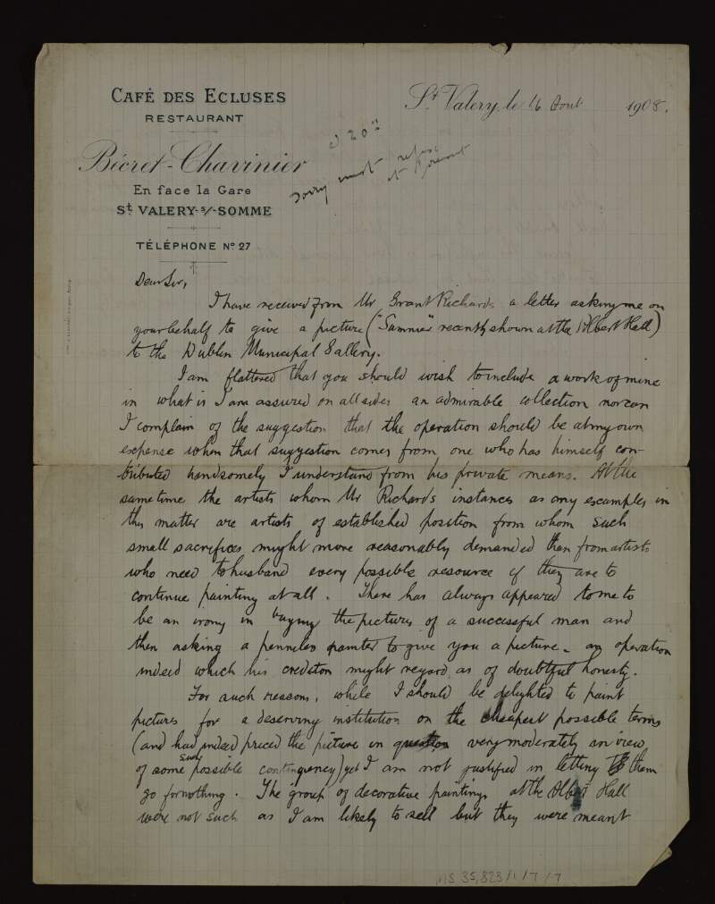 Letter from Walter Bayes to Hugh Lane declining to give his picture 'Summer' to the Municipal Gallery of Modern Art for free,