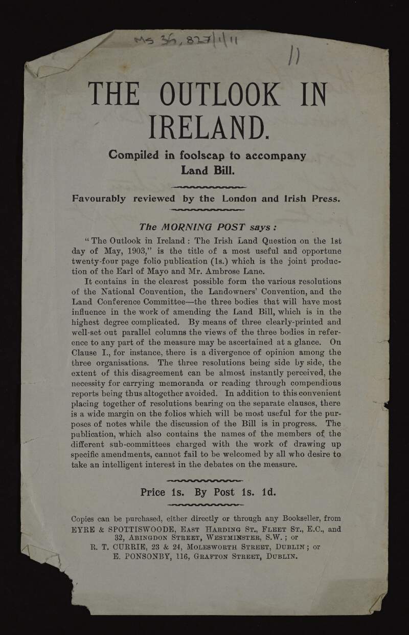 Prospectus for 'The Outlook in Ireland : The Irish Land Question on the 1st of May, 1903' by the Earl of Mayo and Ambrose Lane,
