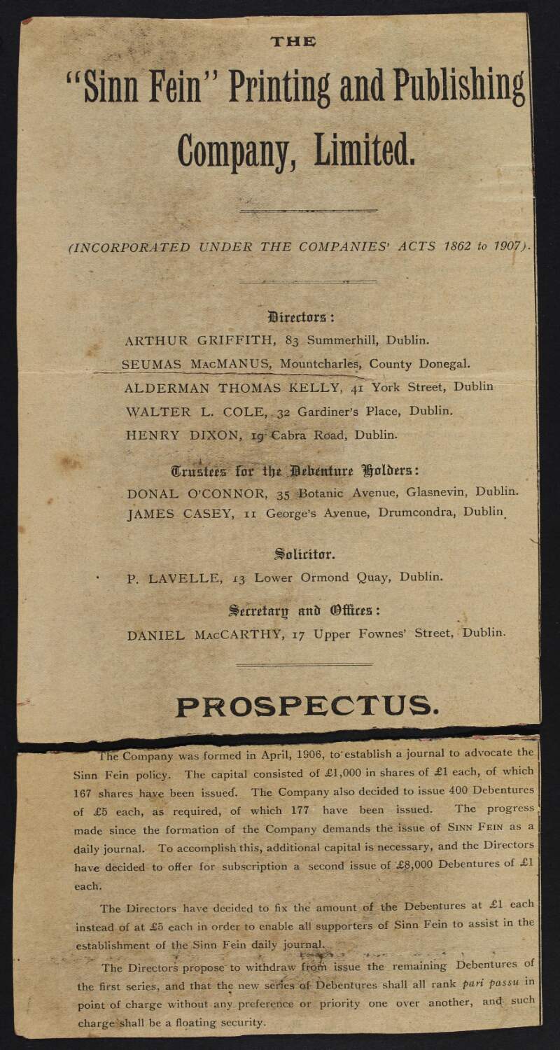 Prospectus from the Sinn Féin Printing and Publishing Company, Limited, and included application form for debentures,