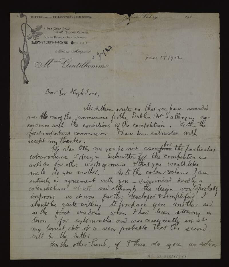 Letter from Walter Bayes to Hugh Lane thanking him for awarding him one of the commissions for the Dublin art gallery and discussing the details,