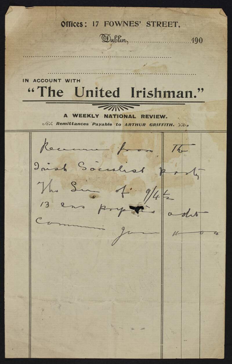 Invoice from 'The United Irishman' of remittance of £0-9-4 1/2 from The Irish Socialist Party,
