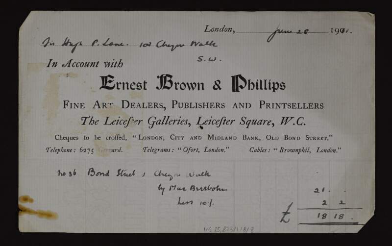 Invoice from Ernest Brown & Phillips Fine Art Dealers, Publishers and Printsellers, Leicester Galleries, Leicester Square, London, to Hugh Lane for a drawing by Max Beerbohm,
