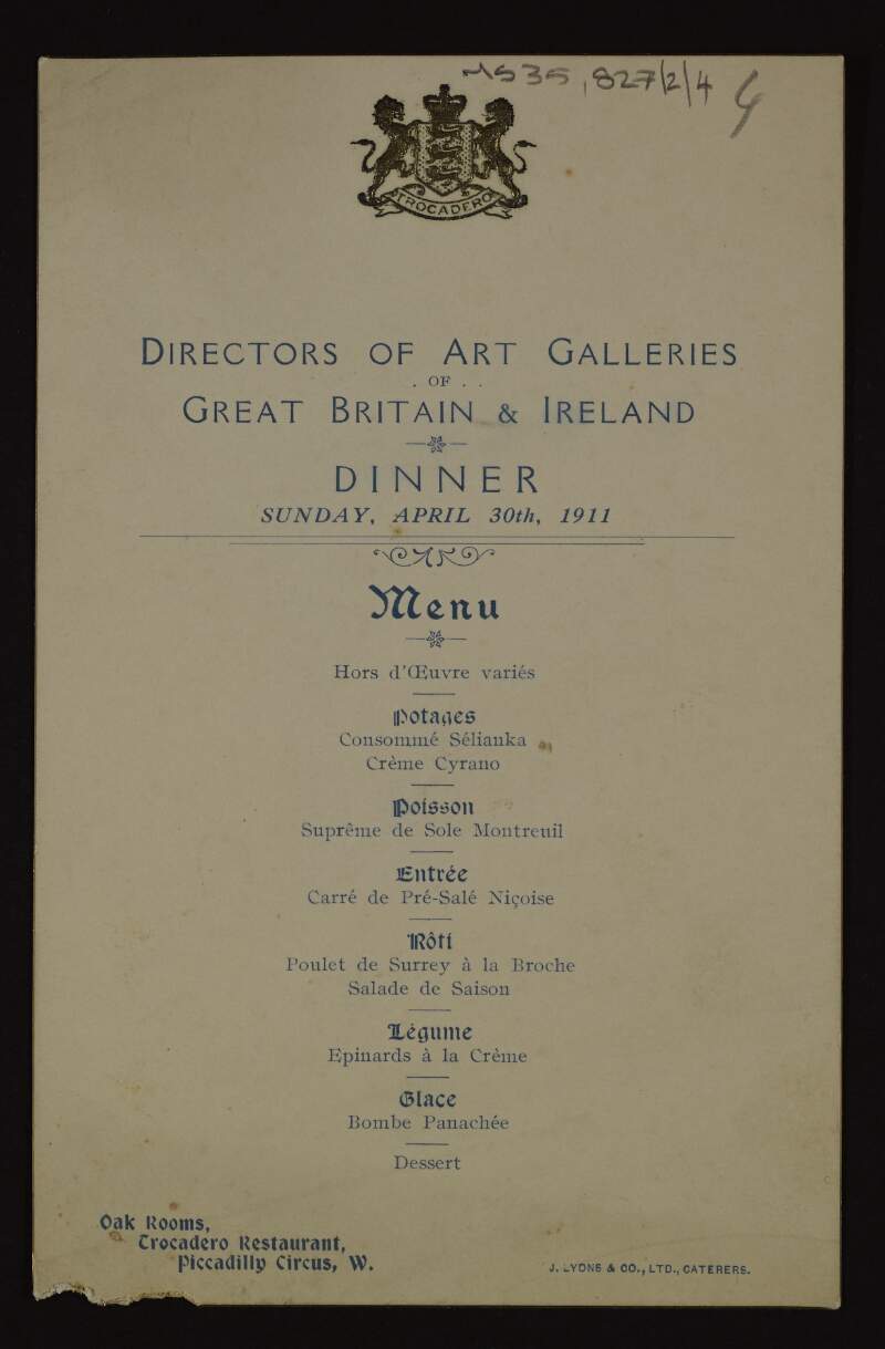 Autographed menu for a London dinner of the directors of the art galleries of Great Britain and Ireland,