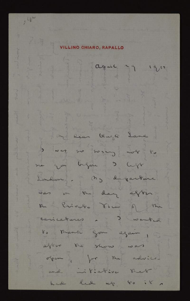 Letter from Max Beerbohm to Hugh Lane thanking him for his advice and help regarding a private view of his caricatures at Brown & Phillips and mentioning that he set the prices himself,