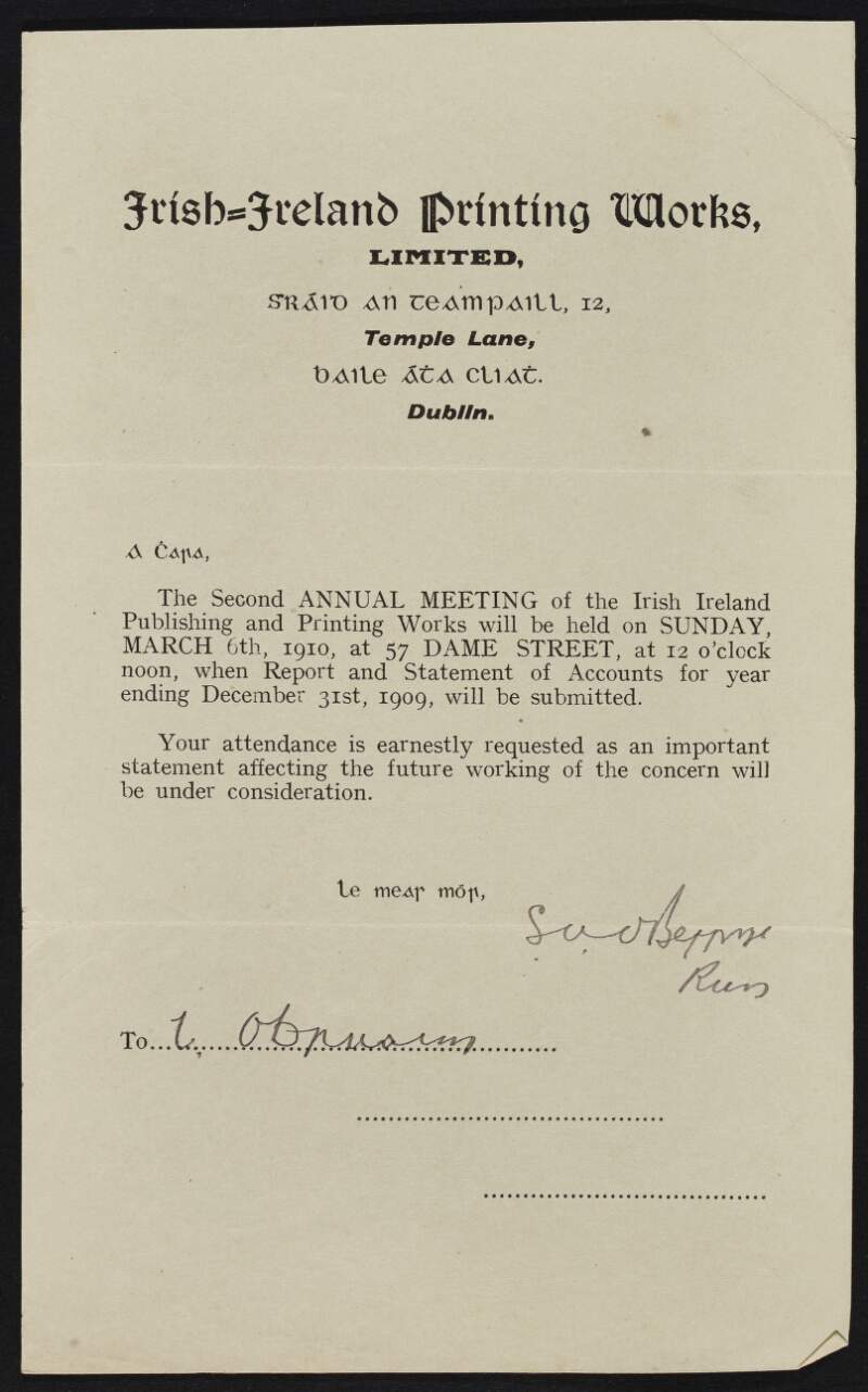 Cicular from the Irish-Ireland Printing Works to William O'Brien informing him of the upcoming Annual Meeting where the report and statement of accounts will be submitted,