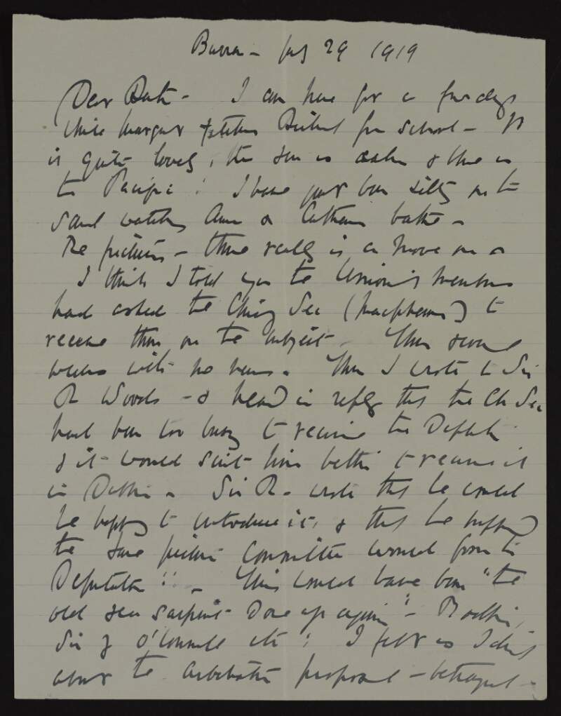 Letter from Lady Augusta Gregory to Ruth Shine regarding recent developments in attempts to reclaim Hugh Lane's pictures for Ireland,