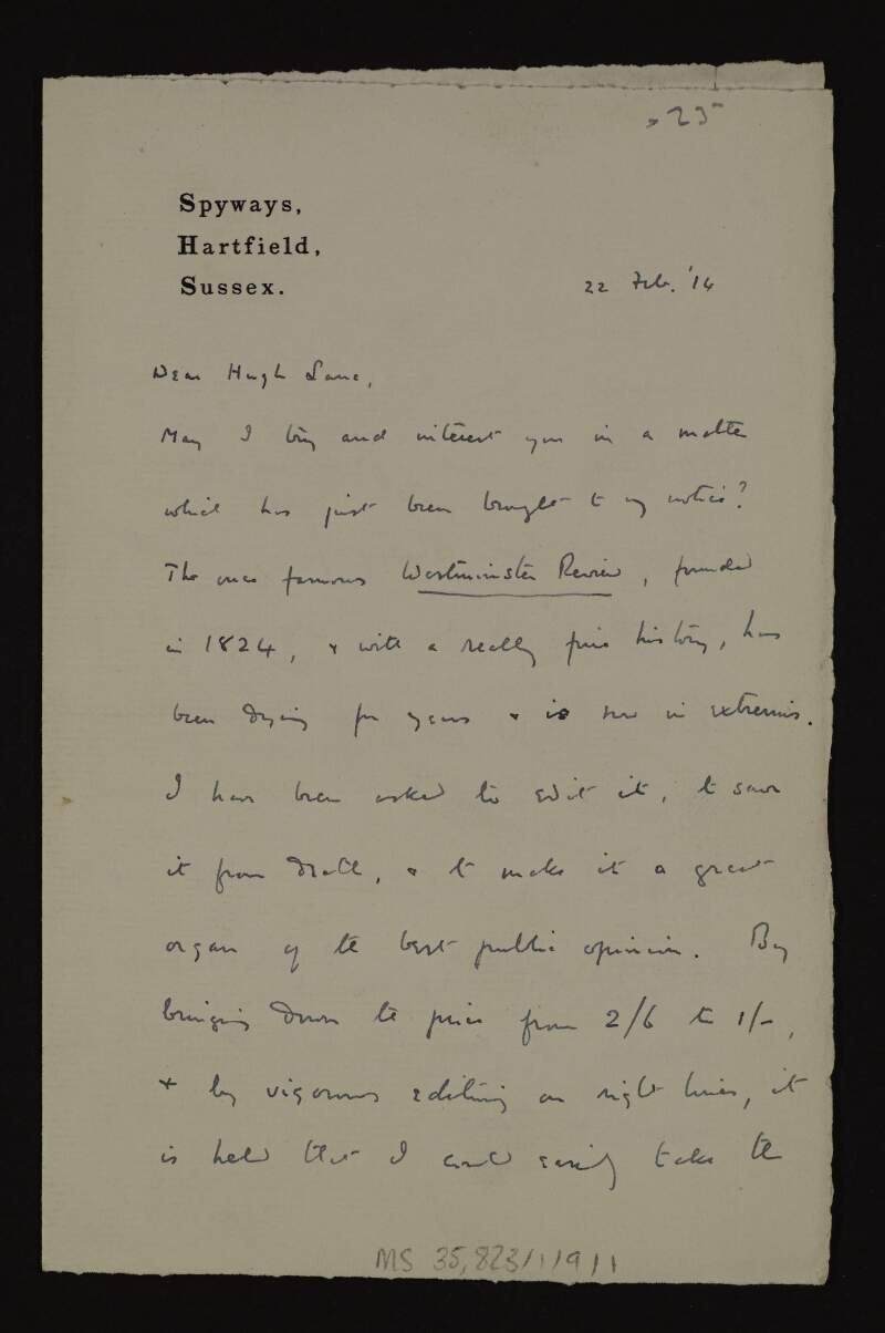 Letter from Harold Begbie to Hugh Lane asking for his support with regards the 'Westminster Review', of which Begbie is now the editor, and giving details of the project to save the review,