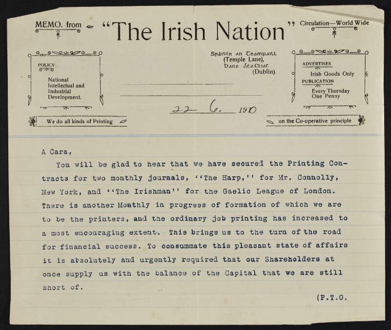 Typescript memo from The Irish Nation to its shareholder informing them they have secured the printing contracts of 'The Harp' and 'The Irishman' and stating they require from their shareholders, urgently, the capital they are short of and requesting £1 from each shareholder,