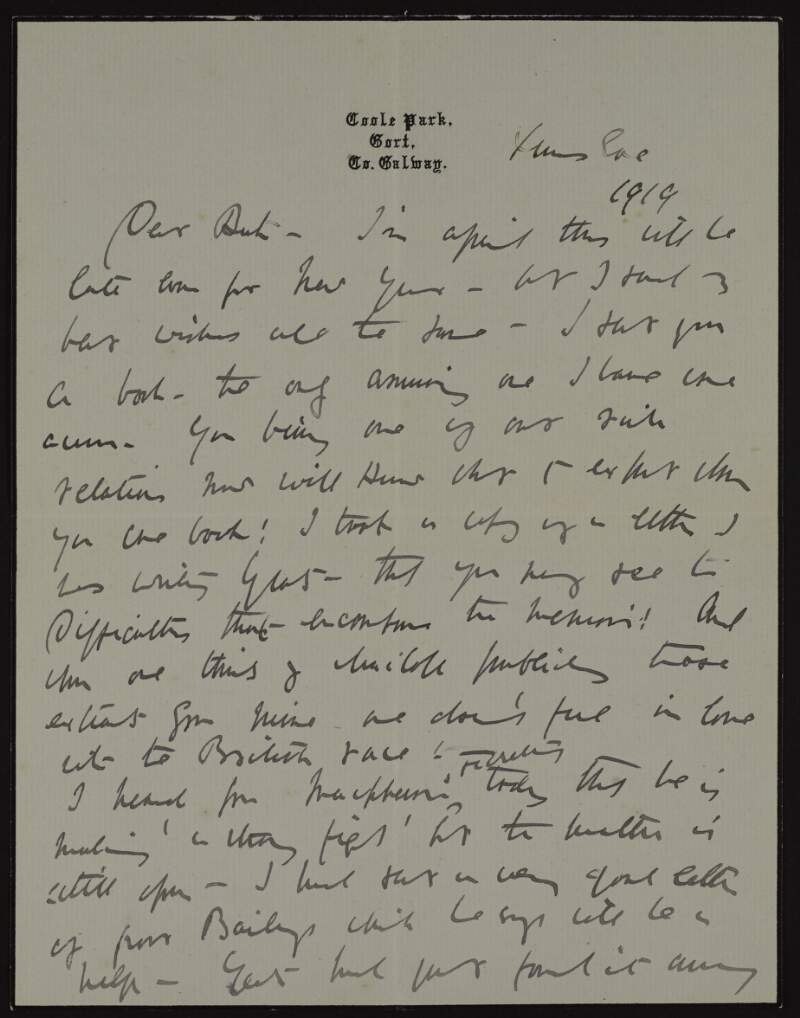 Letter from Lady Augusta Gregory to Ruth Shine wishing her a happy new year and regarding problems with publishing her memoir of Hugh Lane,