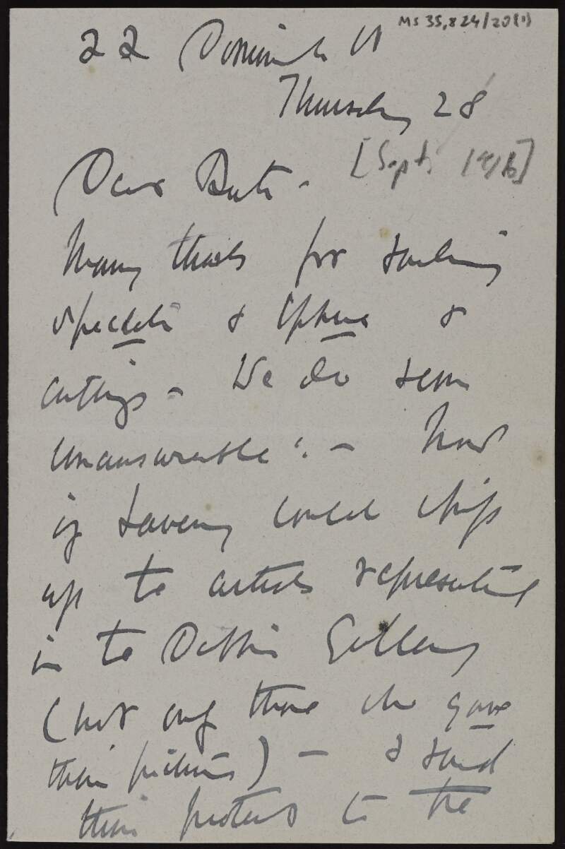 Letter from Lady Gregory to Ruth Shine, thanking her for the sketches and cuttings,