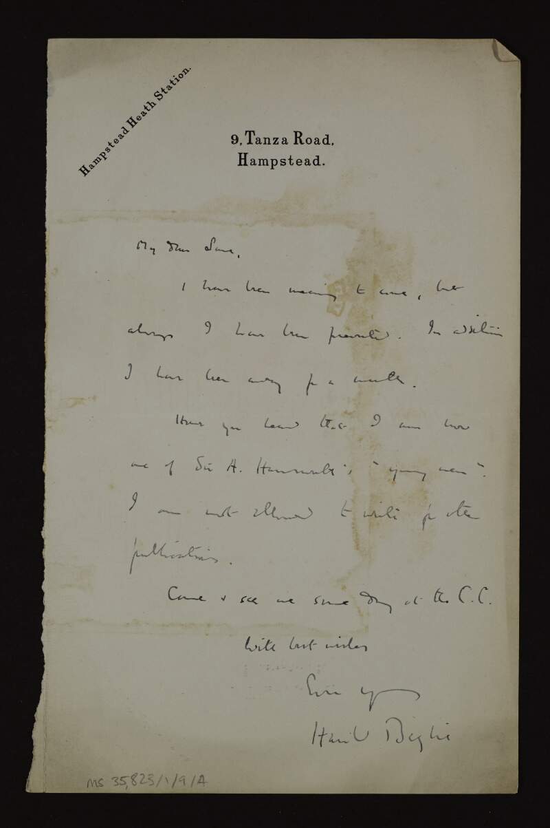 Letter from Harold Begbie to Hugh Lane informing him that he is now works for Sir Alfred Harmsworth's and is not allowed to write for other publications,