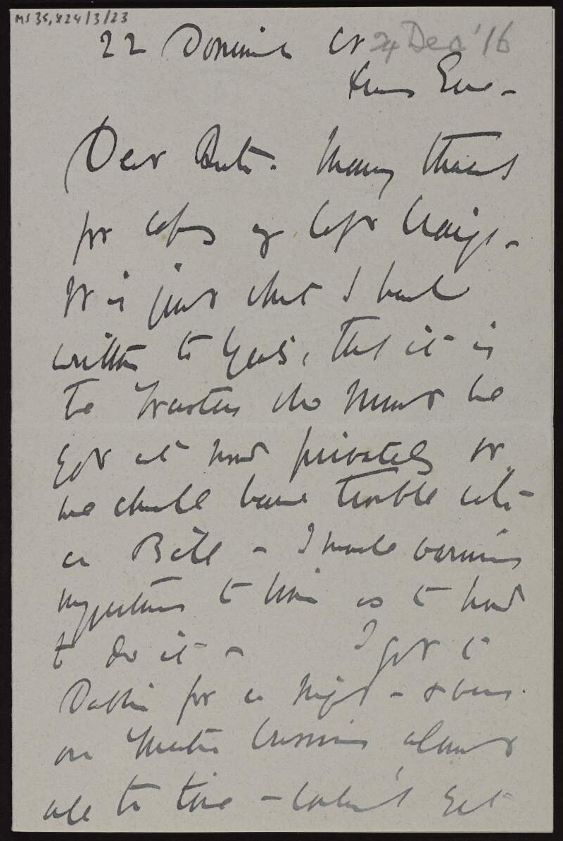 Letter from Lady Gregory to Ruth Shine about what she wrote to W.B. Yeats,