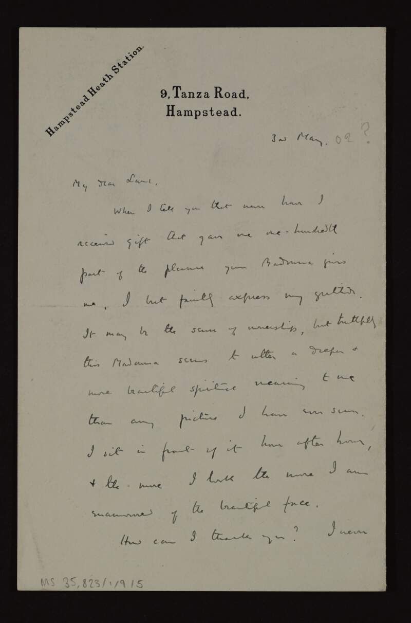 Letter from Harold Begbie to Hugh Lane thanking him for his present of a painting of a 'Madonna' by Reynolds and discussing the publication of an interview with Lane which will be published in the 'Morning Post', 'The Globe' and 'V.C.',