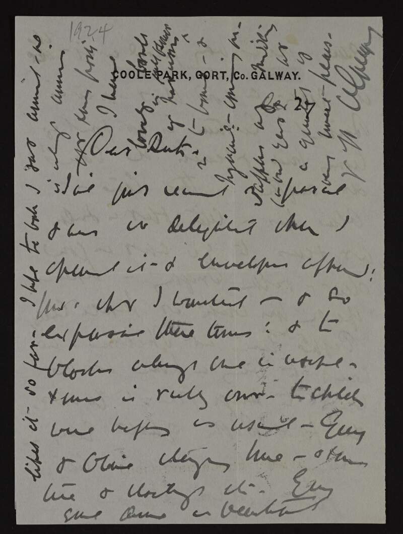 Letter from Lady Augusta Gregory to Ruth Shine thanking her for a gift of envelopes,
