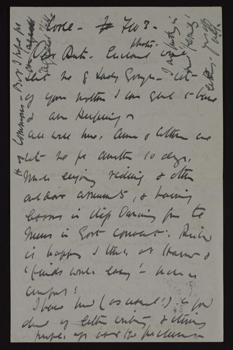 Letter from Lady Augusta Gregory to Ruth Shine regarding her grandchildren and her efforts to have Hugh Lane's pictures released to Ireland,