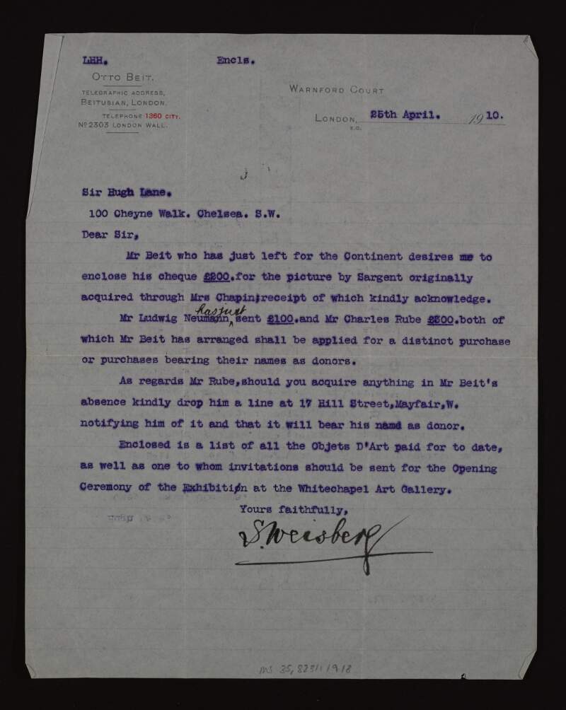 Letter from S. Weisberg on behalf of Otto Beit to Hugh Lane regarding the purchase of a picture by John Singer Sargent and naming contributors and donors,