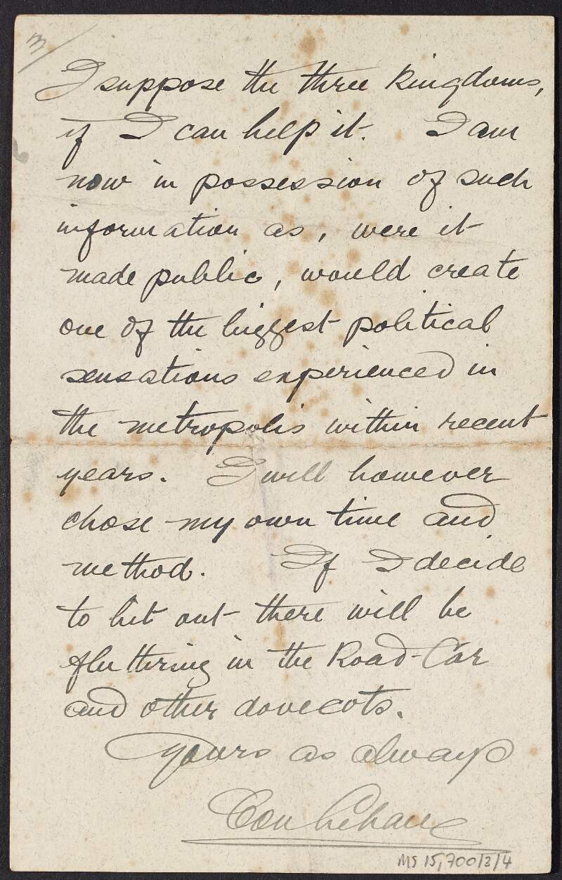 Letter from Con [Cornelius] Lehane to Bill [William D. Horgan] describing his resignation from the Lomdon Road Car Co. Ltd.; his job search in London; and thanking Horgan for his financial assistance,
