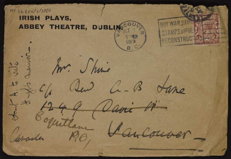 Letter from Lady Gregory to Ruth Shine, asking for the exact date Hugh Lane arrived in from Dublin "that last time" [in 1915?] as what she gives to "the committee" must be accurate,