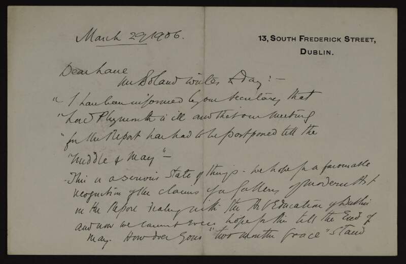 Letters from Richard Caulfeild Orpen to Hugh Lane regarding the postponement committee meeting relating to the proposed modern art gallery in Dublin,