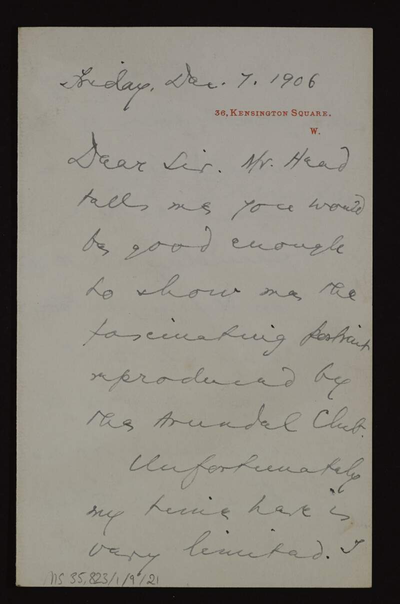 Letter from Bernard Berenson to Hugh Lane informing him of his availability to come see a portrait reproduced by the Arundel Club,