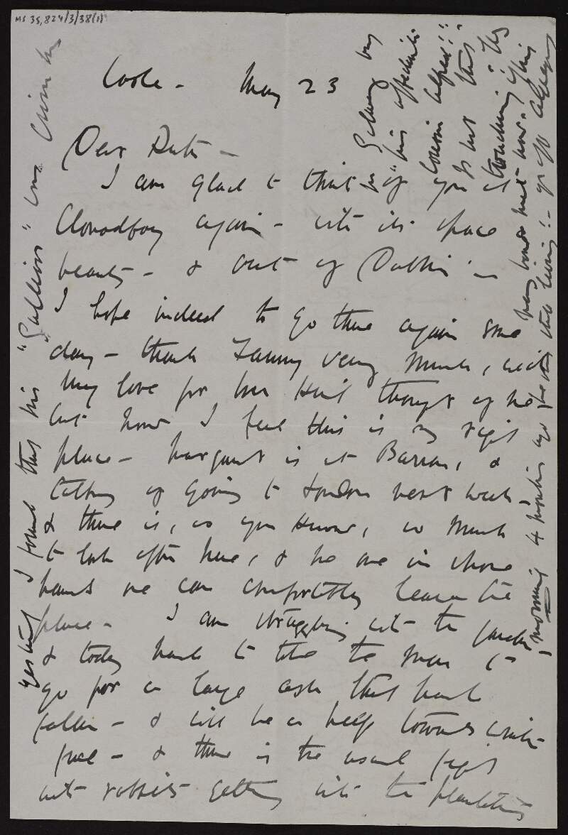 Letter from Lady Gregory to Ruth Shine about how glad she is that the latter has moved from Dublin into Clonadfoy with its beauty and that she hopes to go there some day,