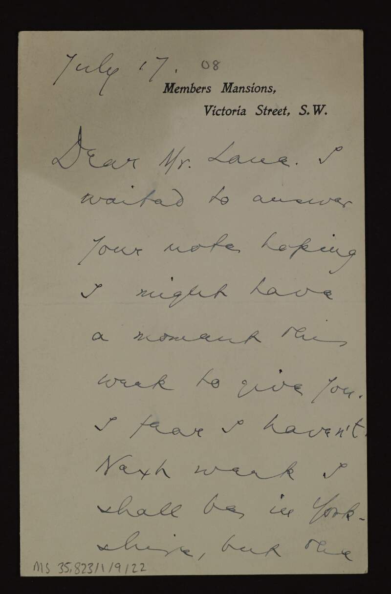 Letter from Bernard Berenson to Hugh Lane informing him that if Lane is still in town at the end of the month he will come see his picture then,