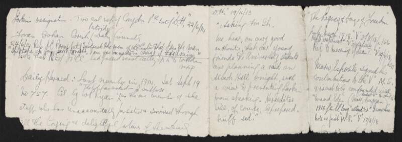 Note written by William O'Brien regarding "Larkin's resignation", "the legacy of songs of freedom", and containing quotes from unidentified sources about a planned raid on Albert Hall and other events,