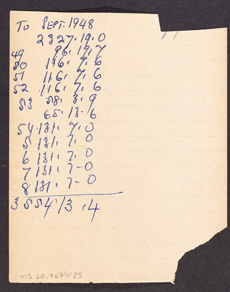 Financial note by William O'Brien containing rough calculations to September 1948,
