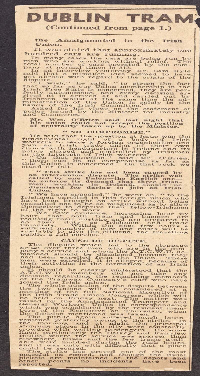Partial newspaper article entitled "Dublin Tram" regarding trade diagreements over workers rights to leave a foreign organisation and join an Irish trade union,