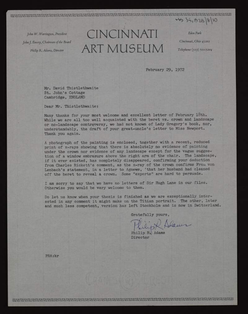 Letter from Philip R. Adams of Cincinnati Art Museum to David Thistlethwaite regarding Titian's painting 'Philip II',