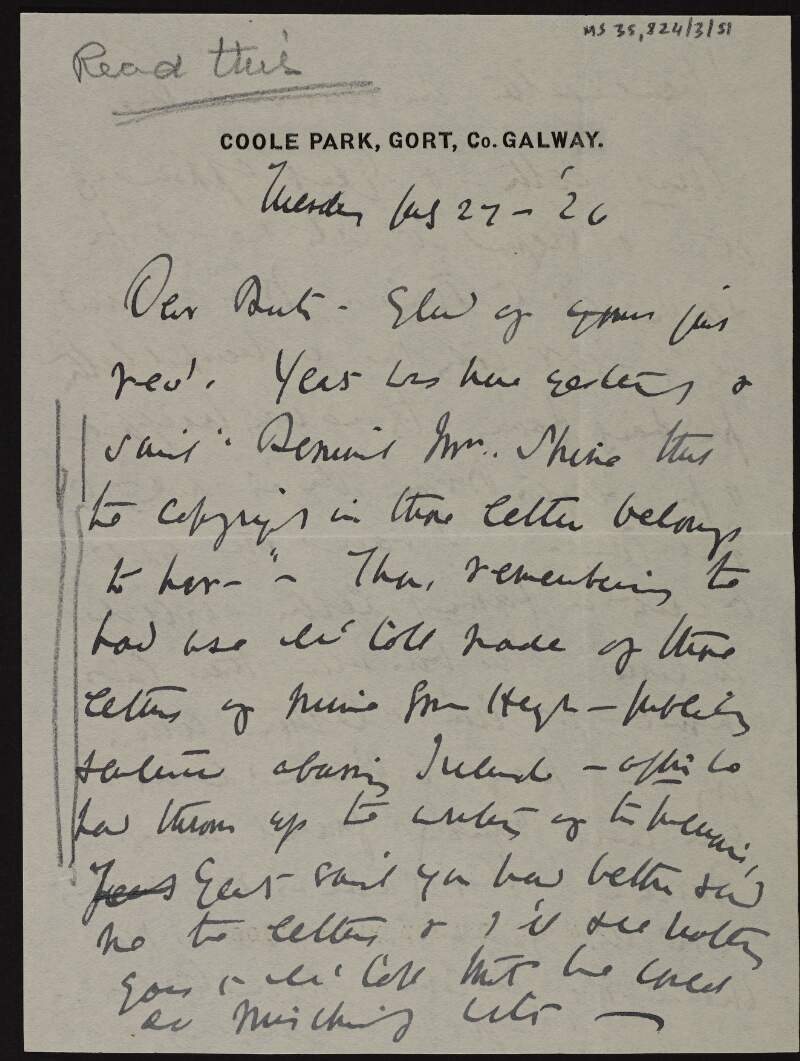 Letter from Lady Gregory to Ruth Shine, discussing W.B. Yeats,
