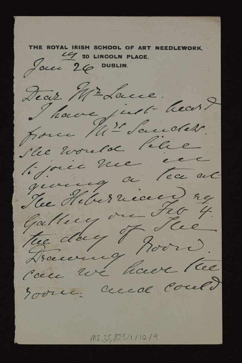 Letter from Harriet S. Beresford to Hugh Lane asking him to help her and Mrs Sanders organise tea for 200 people at the Hibernian Gallery on 4 February,