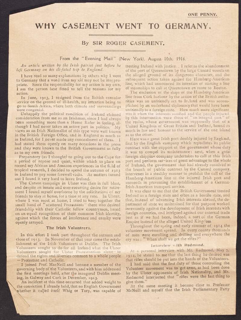 Article entitled "Why Casement Went to Germany" taken from the 'Evening Mail' (New York) by Roger Casement,