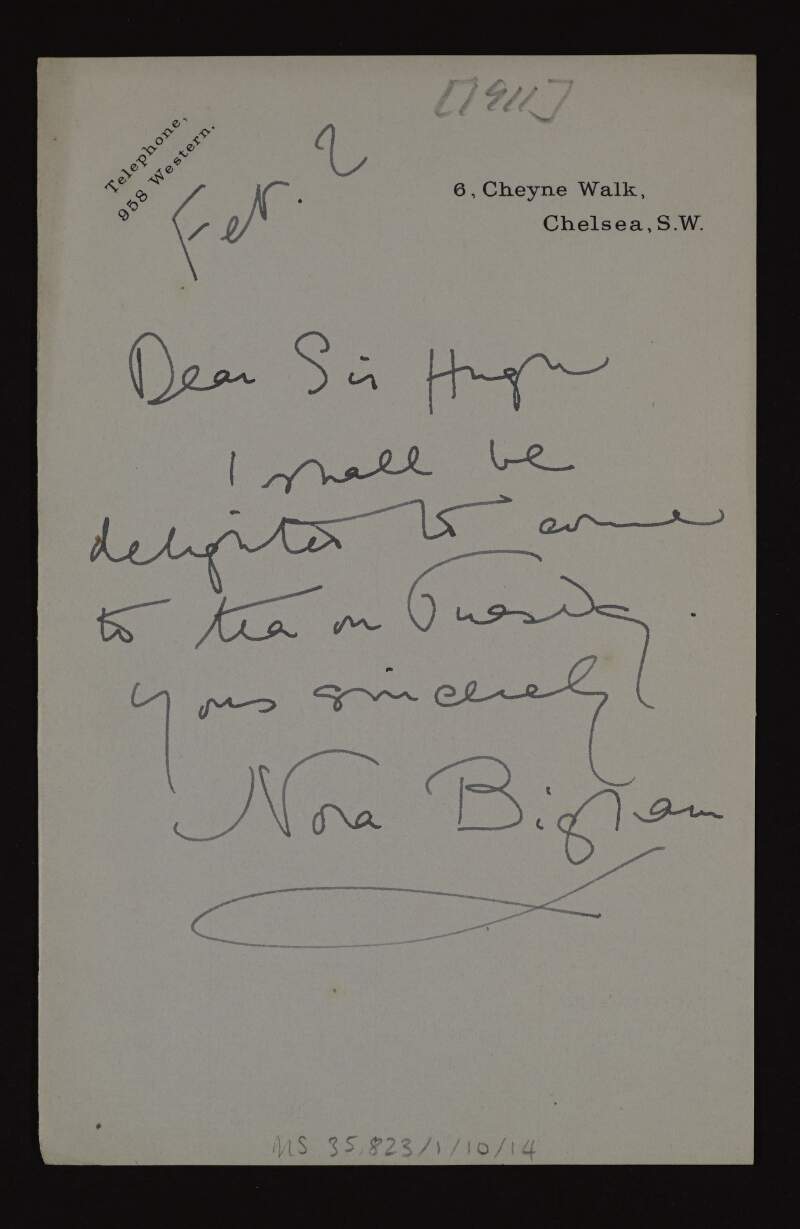 Letter from Nora Bigham to Hugh Lane accepting to come to tea on Wednesday,