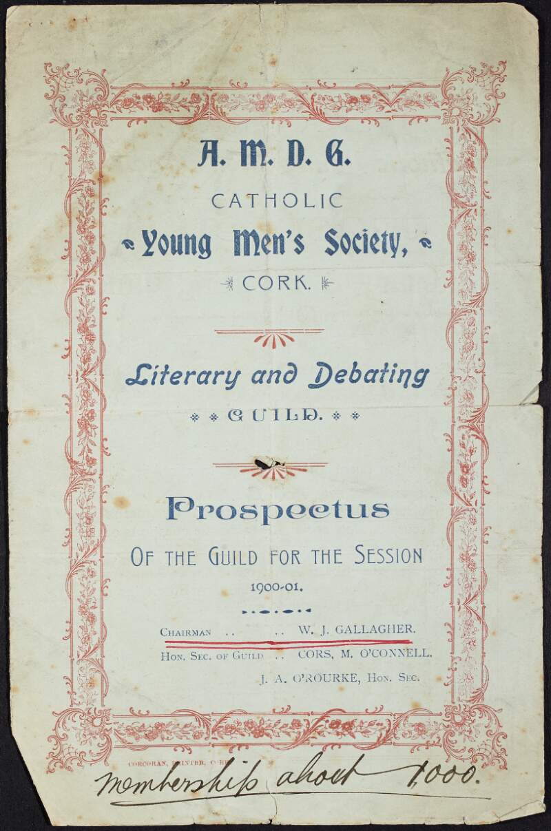 Programme for the Literary & Debating Guild of the Catholic Young Men's Society of Cork,
