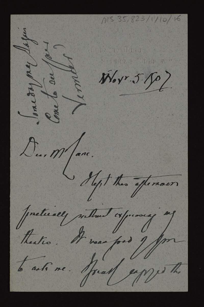 Letter from Frank Binder to Hugh Lane asking him for details about the new Dublin Gallery and a list of the British pictures given to it,