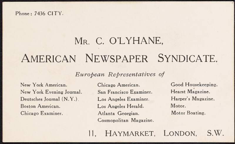 Business card for Cornelius O'Lyhane [Lehane], during his employment by the American Newspaper Syndicate, London,