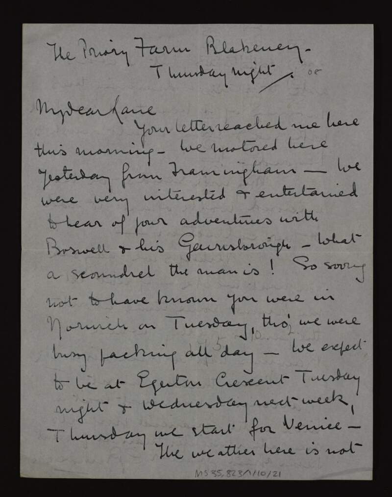 Letter from Geoffrey Birkbeck to Hugh Lane informing him that he is going to Venice and asking about the work of the painter Kelly,