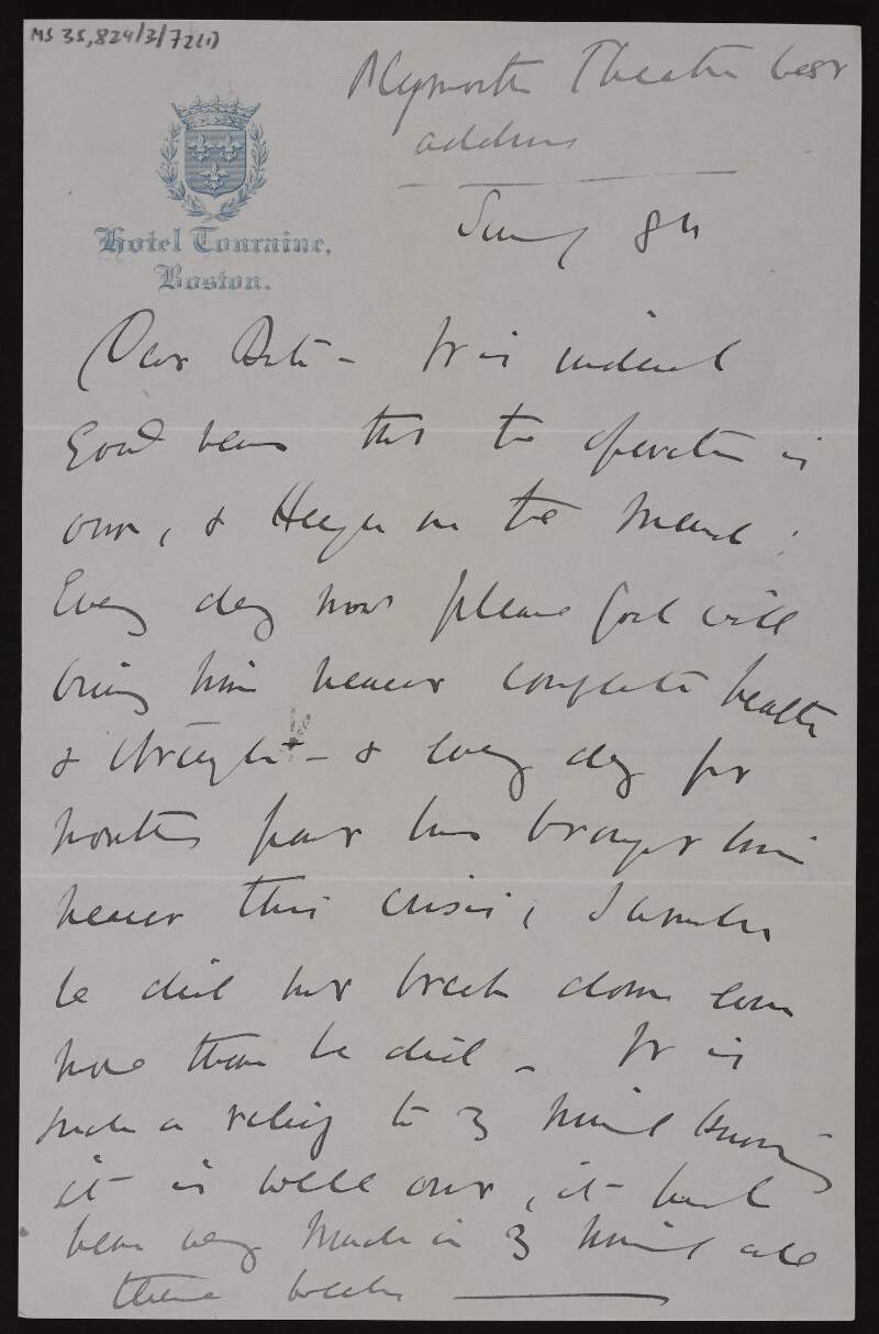 Letter from Lady Gregory to Ruth Shine about how "Fr" [Father?] is unwell,