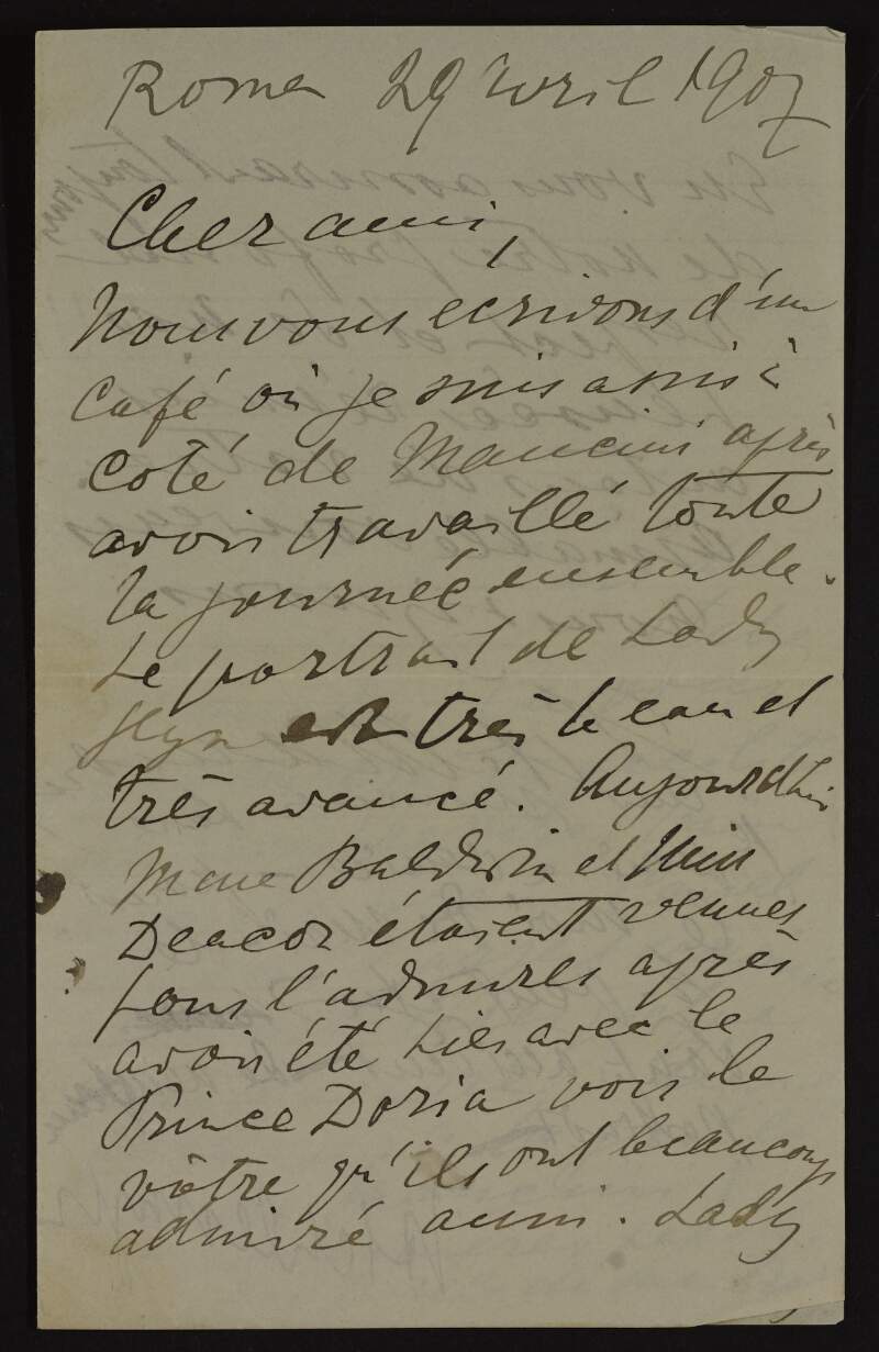 Letter from Antonio Mancini to Hugh Lane regarding Mancini's work in progress and Lane's stay in Venice, where it is hoped that he is not sleeping under a bridge to save money,