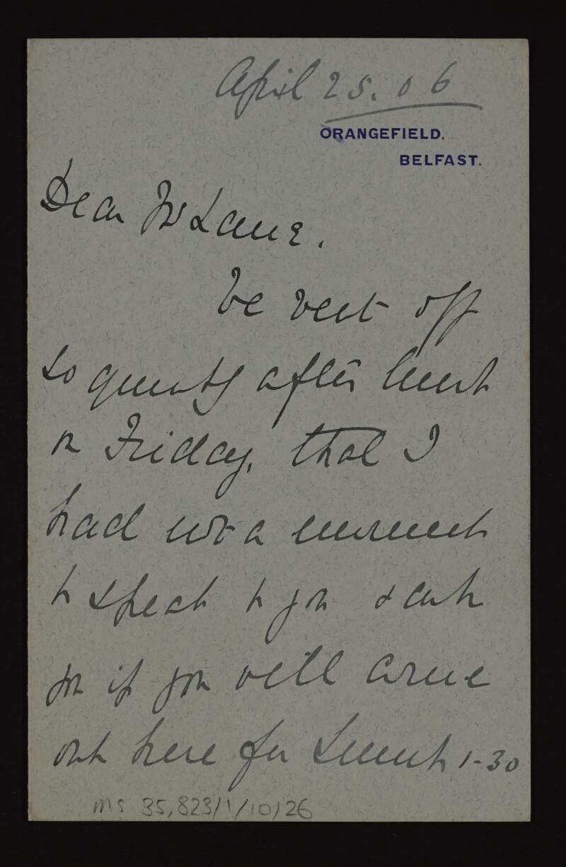 Letter from Áine Blakiston-Houston to Hugh Lane inviting him for lunch the following Sunday,