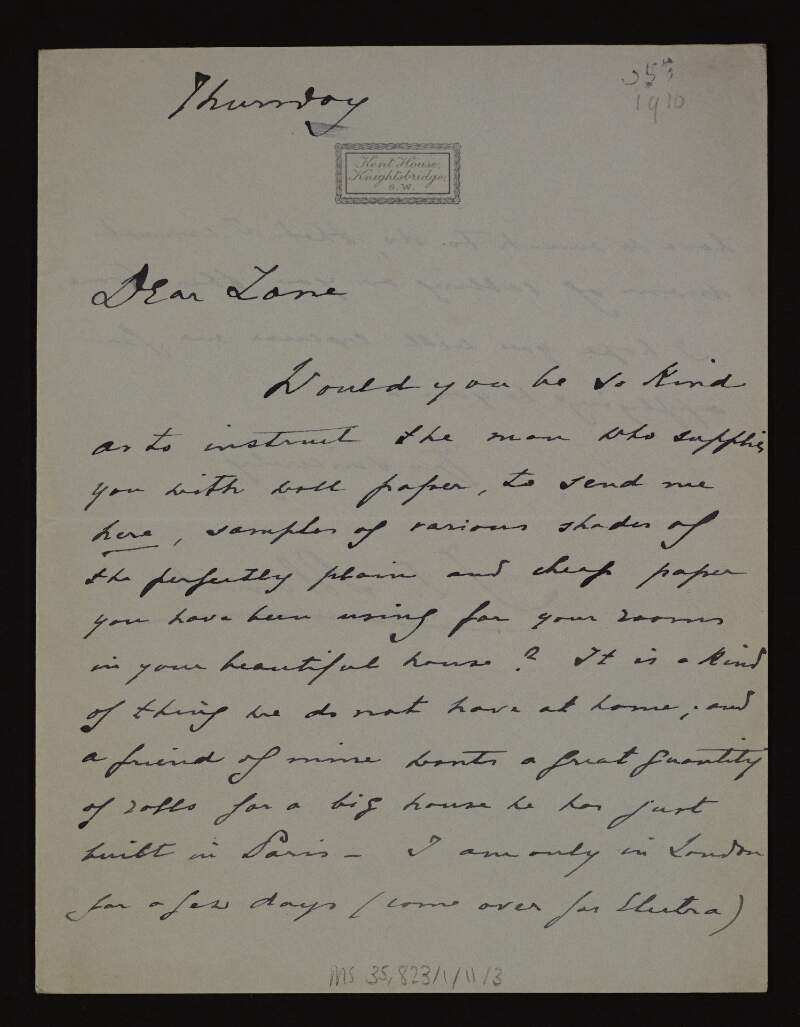 Letter from Jacques-Émile Blanche to Hugh Lane asking him to provide him with samples of wall paper for a friend in Paris,