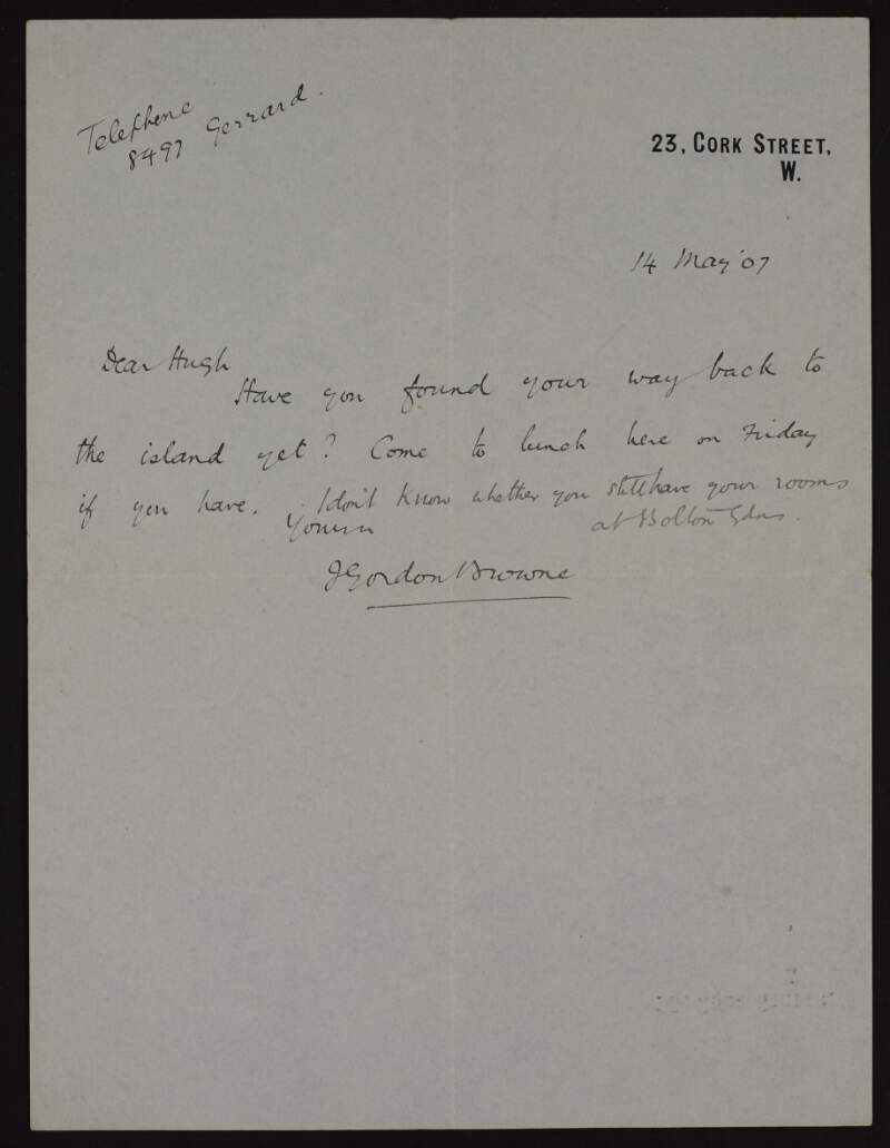 Letter from J. Gordon Browne to Hugh Lane inviting him to lunch,