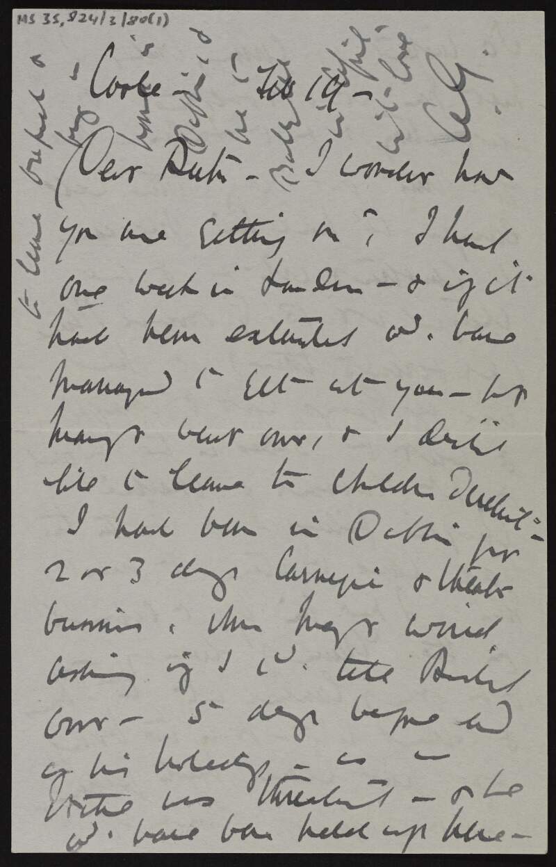 Letter from Lady Gregory to Ruth Shine, asking how she is settling in and how she had been in Dublin on "theatre business",