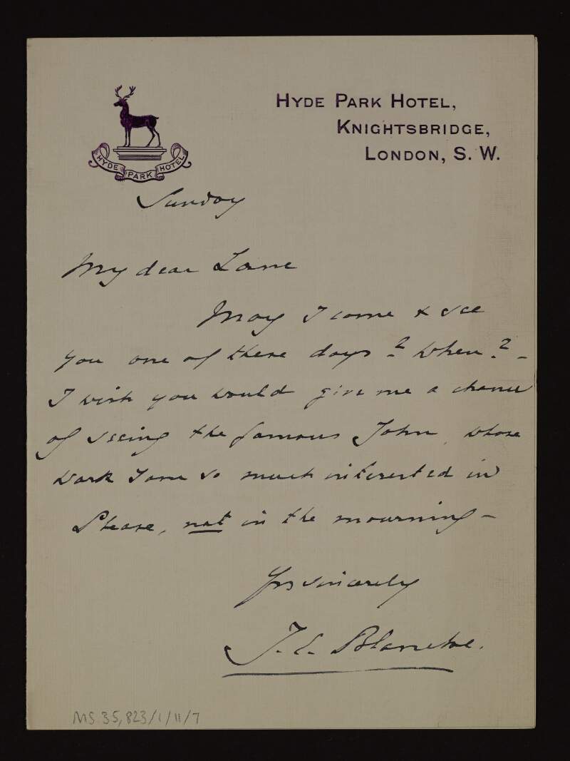 Letter from Jacques-Émile Blanche to Hugh Lane asking when he could visit him as he wishes to see a famous work by Augustus John,