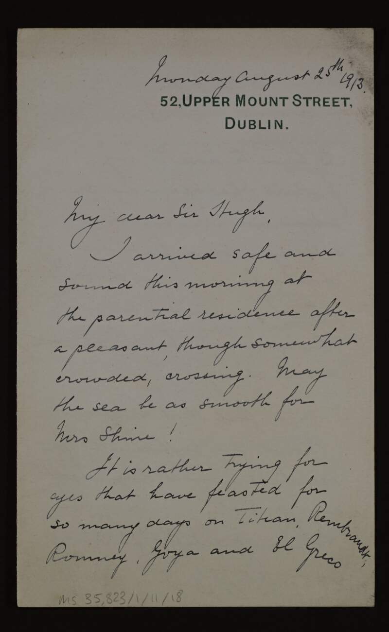 Letter from Thomas Bodkin to Hugh Lane thanking him and Ruth Shine for their hospitality,