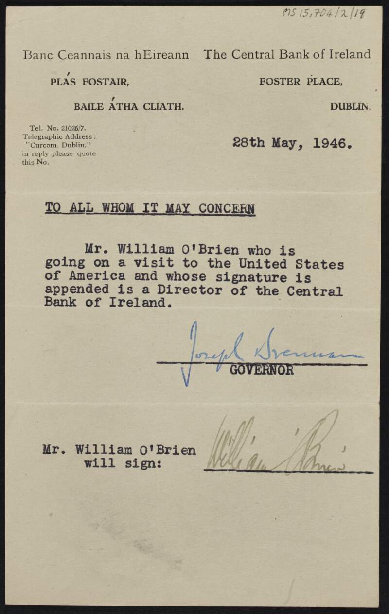 Official note from Joseph Drennan, the governor of The Central Bank of Ireland, acknowledging that William O'Brien is a director with the organisation,