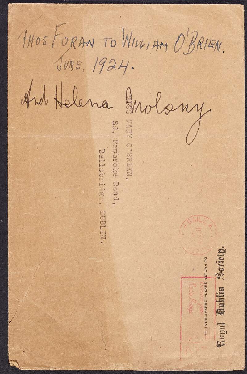 Envelope with the inscriptions "Thos Foran to William O'Brien. June, 1924. And Helena Maloney" written on it,