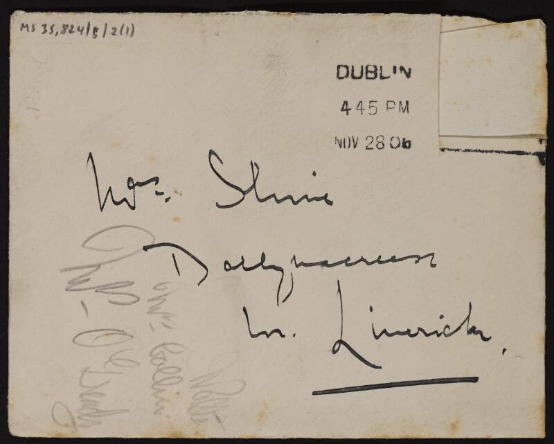 Letter from Hugh Lane to his sister, Ruth Shine, thanking her for her invitation, how he has been "rushed off [his] legs" due to a "crisis" and that he may have to go to London for work but that he hopes to come over to her later when he is back in Dublin,